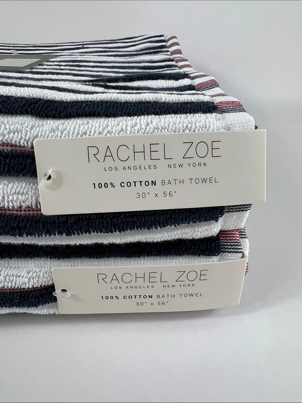 Rachel Zoe Bath Towels Reversible Navy, White and Red Striped Cotton 2 Pc NEW